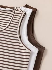 Tween Girls 3pcs Striped Tank Top Set, Casual &, Summer, Outfit, Comfortable, Daily, Minimalist, Vacation, Back To School, Cute, Vintage - Multicolor - View 5