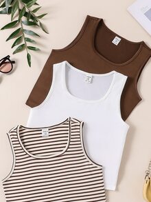 Tween Girls 3pcs Striped Tank Top Set, Casual &, Summer, Outfit, Comfortable, Daily, Minimalist, Vacation, Back To School, Cute, Vintage - Multicolor - View 7