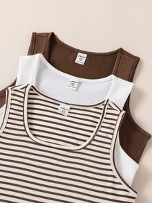 Tween Girls 3pcs Striped Tank Top Set, Casual &, Summer, Outfit, Comfortable, Daily, Minimalist, Vacation, Back To School, Cute, Vintage - Multicolor - View 6