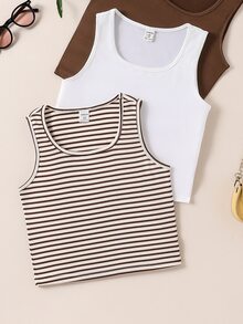 Tween Girls 3pcs Striped Tank Top Set, Casual &, Summer, Outfit, Comfortable, Daily, Minimalist, Vacation, Back To School, Cute, Vintage - Multicolor - View 8