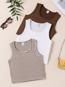 Tween Girls 3pcs Striped Tank Top Set, Casual &, Summer, Outfit, Comfortable, Daily, Minimalist, Vacation, Back To School, Cute, Vintage - Multicolor - View 10