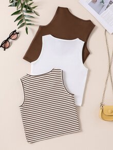 Tween Girls 3pcs Striped Tank Top Set, Casual &, Summer, Outfit, Comfortable, Daily, Minimalist, Vacation, Back To School, Cute, Vintage - Multicolor - View 3