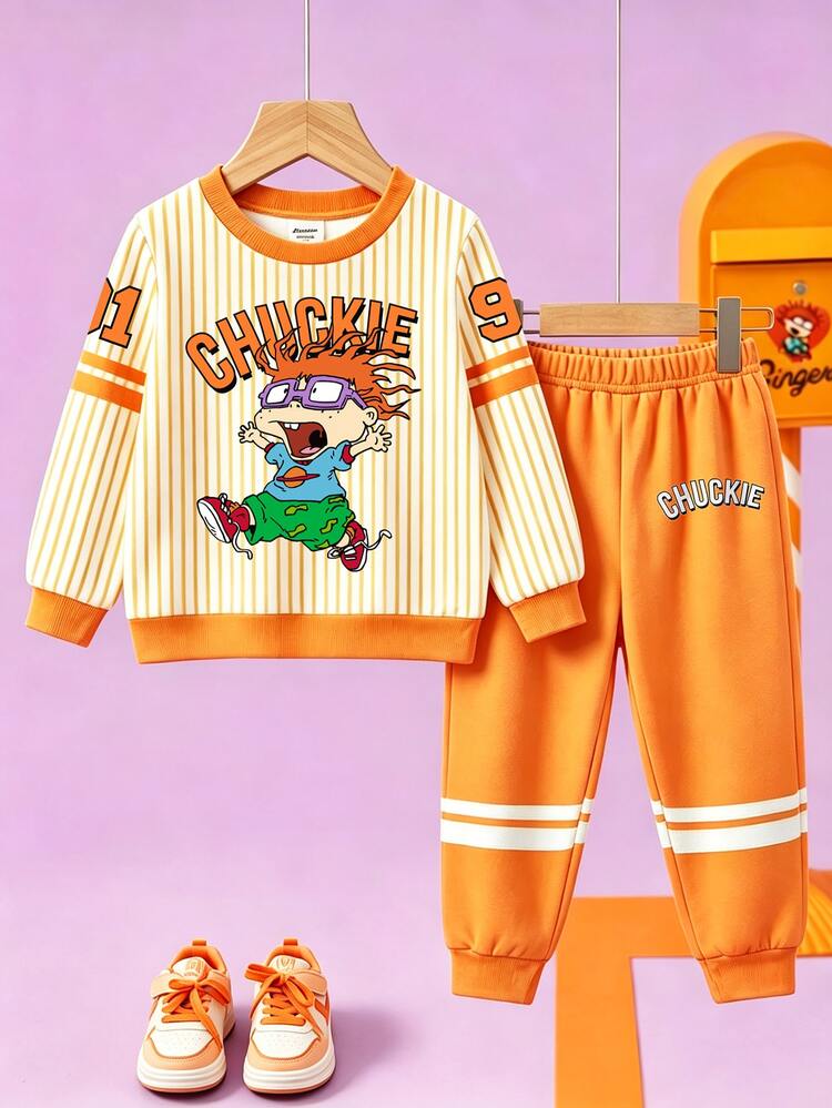 Nick 90s | SHEIN Boys' Nick Cartoon Chuckie Finster Print 2 Pieces Set, Rugrats Striped Crew Neck Long Sleeve Sweatshirt With Elastic Waist Orange Jogger Pants, Casual Children's Clothing For Spring And Autumn Daily Wear - Orange - View 3