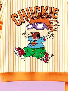 Nick 90s | SHEIN 男童 Nick 卡通 Chuckie Finster 印花 2 件套，Rugrats 條紋圓領長袖衛衣搭配彈性腰橘色慢跑褲，休閒兒童春秋日常穿著服裝 - 橘色 - 查看 4