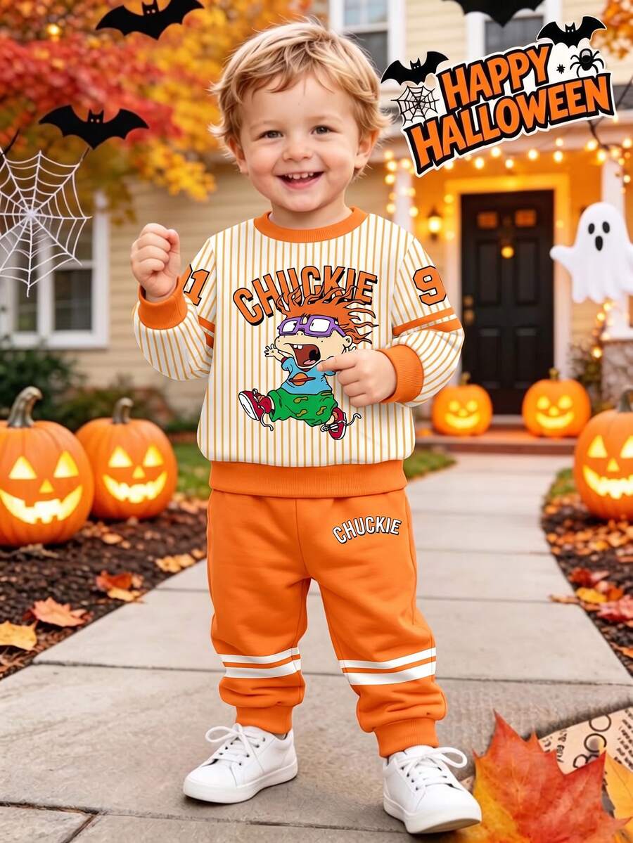 Nick 90s | SHEIN 男童 Nick 卡通 Chuckie Finster 印花 2 件套,Rugrats 條紋圓領長袖衛衣搭配彈性腰橘色慢跑褲,休閒兒童春秋日常穿著服裝 - 橘色 - 查看 1