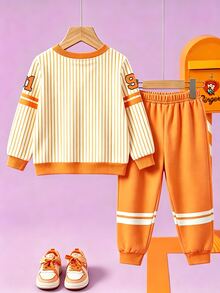 Nick 90s | SHEIN 男童 Nick 卡通 Chuckie Finster 印花 2 件套，Rugrats 條紋圓領長袖衛衣搭配彈性腰橘色慢跑褲，休閒兒童春秋日常穿著服裝 - 橘色 - 查看 2