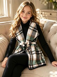 SHEIN 3pcs/Set Girls British Academy Style Colorblock Plaid Tie Collar Vest Jacket With High Neck Long Sleeve Top And Slim Fit Long Pants, Fleece - Multicolor - View 1