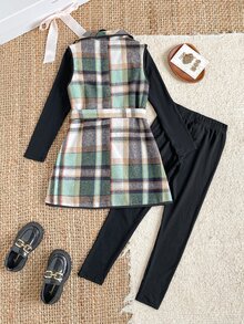 SHEIN 3pcs/Set Girls British Academy Style Colorblock Plaid Tie Collar Vest Jacket With High Neck Long Sleeve Top And Slim Fit Long Pants, Fleece - Multicolor - View 2