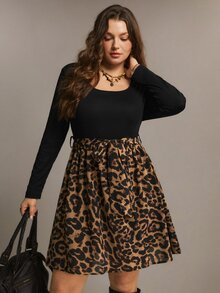 Freevana Leopard Print Tie-Waist Dress With Scoop Neck, Long Sleeves And Side Slit, Curvy-Friendly Staple Fall - Black - View 3