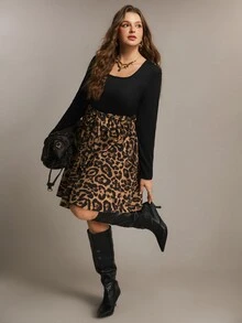 Freevana Leopard Print Tie-Waist Dress With Scoop Neck, Long Sleeves And Side Slit, Curvy-Friendly Staple Fall - Black - View 7