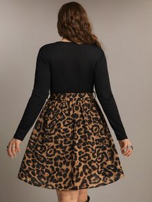 Freevana Leopard Print Tie-Waist Dress With Scoop Neck, Long Sleeves And Side Slit, Curvy-Friendly Staple Fall - Black - View 2