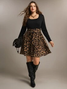 Freevana Leopard Print Tie-Waist Dress With Scoop Neck, Long Sleeves And Side Slit, Curvy-Friendly Staple Fall - Black - View 5