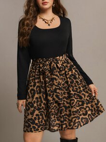 Freevana Leopard Print Tie-Waist Dress With Scoop Neck, Long Sleeves And Side Slit, Curvy-Friendly Staple Fall - Black - View 4