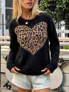SHEIN Brushed Leopard Heart Crew Neck Knit Sweater - Black - View 2