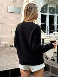 SHEIN Brushed Leopard Heart Crew Neck Knit Sweater - Black - View 3