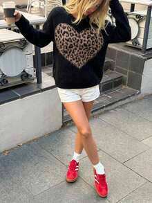 SHEIN Brushed Leopard Heart Crew Neck Knit Sweater - Black - View 4