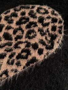 SHEIN Brushed Leopard Heart Crew Neck Knit Sweater - Black - View 6