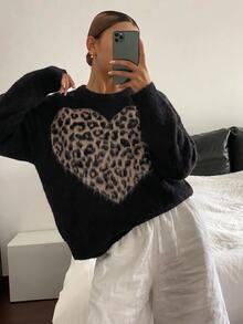 SHEIN Brushed Leopard Heart Crew Neck Knit Sweater - Black - View 7