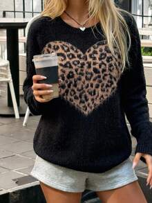SHEIN Brushed Leopard Heart Crew Neck Knit Sweater - Black - View 5