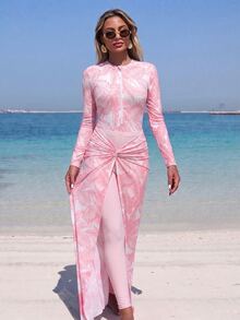 Swim Shayni Printed Fabric Elegant Conservative Vacation Women's Swimsuit Set - Pink - View 5