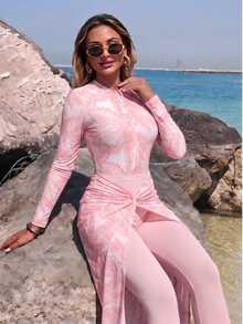 Swim Shayni Printed Fabric Elegant Conservative Vacation Women's Swimsuit Set - Pink - View 4