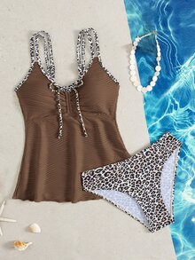 Swim Lushoire 女士夏季沙滩音乐节米色特殊面料豹纹印花飘逸下摆修身打结肩带优雅度假风吊带泳衣套装 - 彩色 - 查看 7