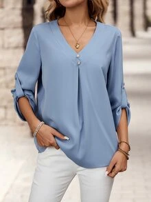 Medorina Women's Elegant Commuter Style Blue V-Neck Long Sleeve Shirt - Blue - View 4
