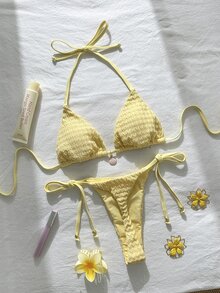 Swim Mod Women's Summer Jacquard Fabric Halter Metal Decor Bikini Set Elegant Sexy Tropical Beach Party Butter Yellow - Yellow - View 3