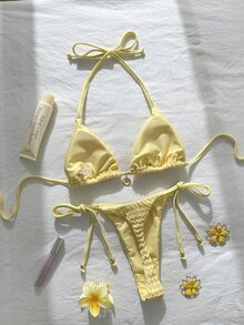 Swim Mod Women's Summer Jacquard Fabric Halter Metal Decor Bikini Set Elegant Sexy Tropical Beach Party Butter Yellow - Yellow - View 2