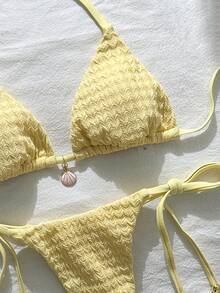 Swim Mod Women's Summer Jacquard Fabric Halter Metal Decor Bikini Set Elegant Sexy Tropical Beach Party Butter Yellow - Yellow - View 5