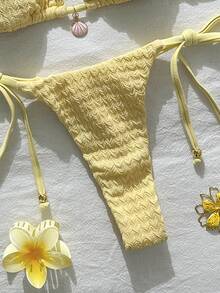 Swim Mod Women's Summer Jacquard Fabric Halter Metal Decor Bikini Set Elegant Sexy Tropical Beach Party Butter Yellow - Yellow - View 6