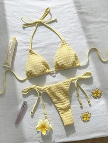 Swim Mod Women's Summer Jacquard Fabric Halter Metal Decor Bikini Set Elegant Sexy Tropical Beach Party Butter Yellow - Yellow - View 4