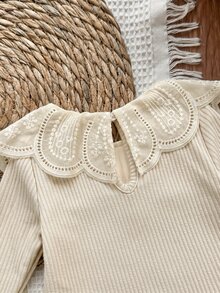 SHEIN Baby Girl Thermal Lined Thick Ribbed Peter Pan Collar Long Sleeve Elastic Bodysuit Suitable For Winter - Apricot - View 8