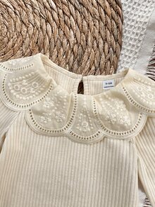 SHEIN Baby Girl Thermal Lined Thick Ribbed Peter Pan Collar Long Sleeve Elastic Bodysuit Suitable For Winter - Apricot - View 6