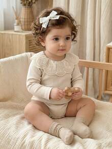 SHEIN Baby Girl Thermal Lined Thick Ribbed Peter Pan Collar Long Sleeve Elastic Bodysuit Suitable For Winter - Apricot - View 7