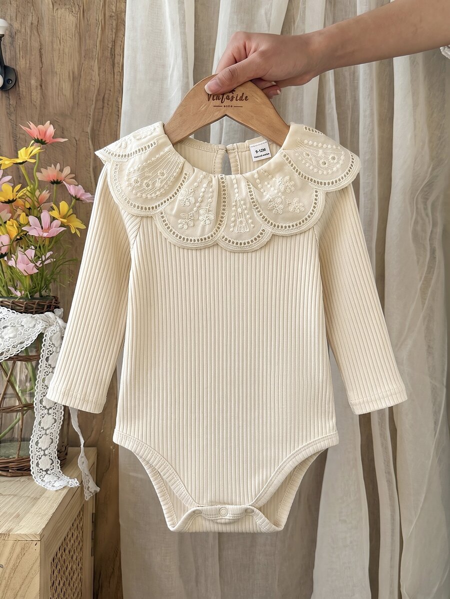 SHEIN Baby Girl Thermal Lined Thick Ribbed Peter Pan Collar Long Sleeve Elastic Bodysuit Suitable For Winter - Apricot - View 1