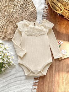 SHEIN Baby Girl Thermal Lined Thick Ribbed Peter Pan Collar Long Sleeve Elastic Bodysuit Suitable For Winter - Apricot - View 3