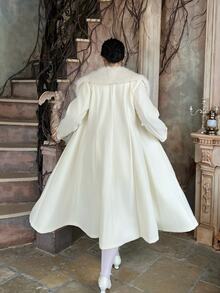 Lyrianda Halloween Plus Size Solid Color Large Fur Collar A-Line Patchwork Tweed Long Sleeve Overcoat - Apricot - View 8