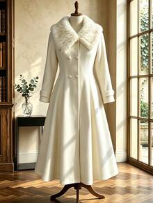 Lyrianda Halloween Plus Size Solid Color Large Fur Collar A-Line Patchwork Tweed Long Sleeve Overcoat - Apricot - View 1