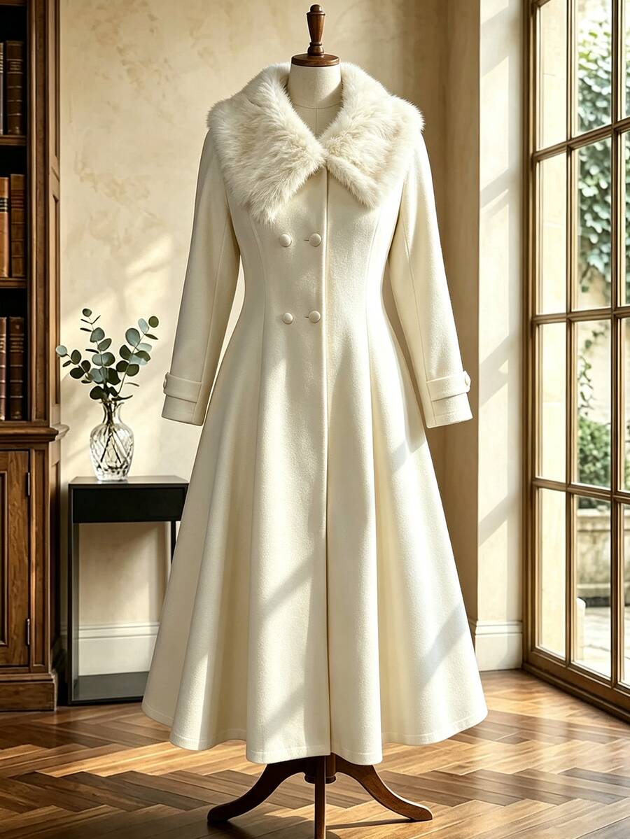 Lyrianda Halloween Plus Size Solid Color Large Fur Collar A-Line Patchwork Tweed Long Sleeve Overcoat - Apricot - View 1