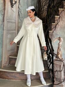 Lyrianda Halloween Plus Size Solid Color Large Fur Collar A-Line Patchwork Tweed Long Sleeve Overcoat - Apricot - View 3