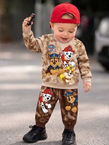 SHEIN | PAW Patrol 2件組男嬰休閒棕色紮染卡通狗印花長袖寬鬆圓領衛衣套裝，秋冬日常度假穿著 - 棕色 - 查看 1