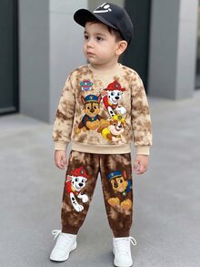 SHEIN | PAW Patrol 2件組男嬰休閒棕色紮染卡通狗印花長袖寬鬆圓領衛衣套裝，秋冬日常度假穿著 - 棕色 - 查看 7
