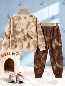 SHEIN | PAW Patrol 2件組男嬰休閒棕色紮染卡通狗印花長袖寬鬆圓領衛衣套裝，秋冬日常度假穿著 - 棕色 - 查看 2