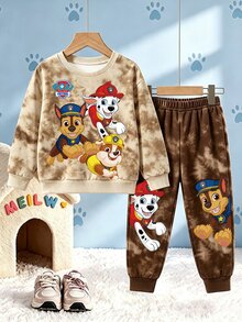 SHEIN | PAW Patrol 2件組男嬰休閒棕色紮染卡通狗印花長袖寬鬆圓領衛衣套裝，秋冬日常度假穿著 - 棕色 - 查看 3