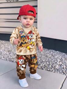 SHEIN | PAW Patrol 2件組男嬰休閒棕色紮染卡通狗印花長袖寬鬆圓領衛衣套裝，秋冬日常度假穿著 - 棕色 - 查看 6