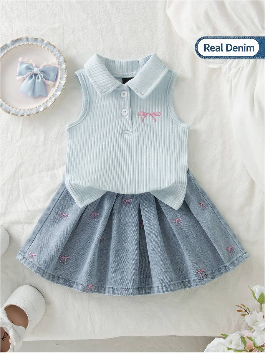 Genkimix Kids Young Girls Polo Skirt Set Summer New Arrival Cute Sweet Style White Ribbed Knit Sleeveless - Blue - View 1