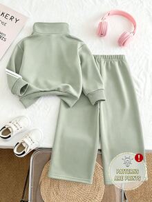 女童 2 件套半拉鍊立領運動衫與寬腿長褲，清新豆綠色調，極簡愛心印花點綴，袖子與褲側雙白色條紋，休閒寬鬆版型，適合日常上學與外出，甜酷風格，活力十足，百搭實用，小女孩秋冬必備穿搭 - 彩色 - 查看 3
