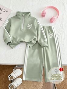 女童 2 件套半拉鍊立領運動衫與寬腿長褲，清新豆綠色調，極簡愛心印花點綴，袖子與褲側雙白色條紋，休閒寬鬆版型，適合日常上學與外出，甜酷風格，活力十足，百搭實用，小女孩秋冬必備穿搭 - 彩色 - 查看 2