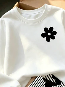 女童 1 套秋季花卉印花圓領運動衫與條紋寬腿長褲，休閒秋季套裝 - 彩色 - 查看 6